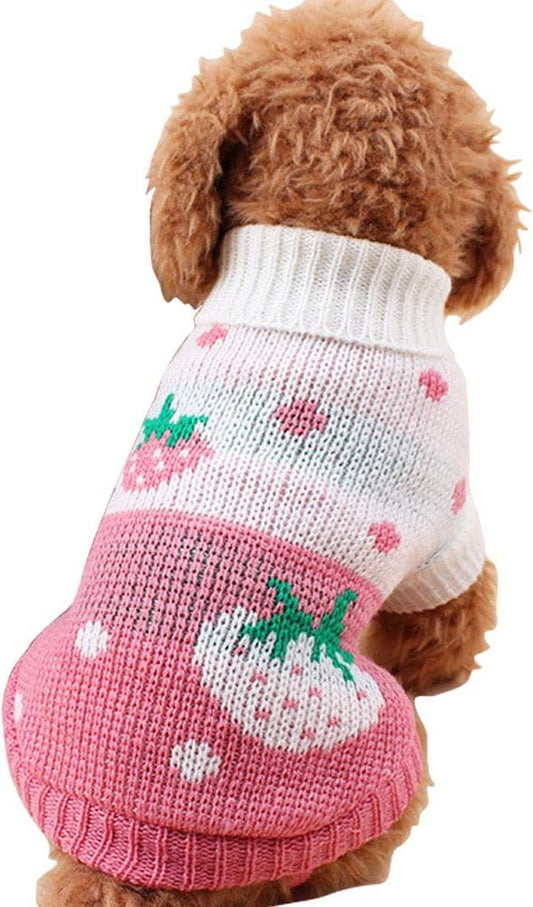 Pet Dog Sweaters Classic Knitwear Turtleneck Winter Warm Puppy Clothing Cute Strawberry and Heart Doggie Sweater (Pink, Small)